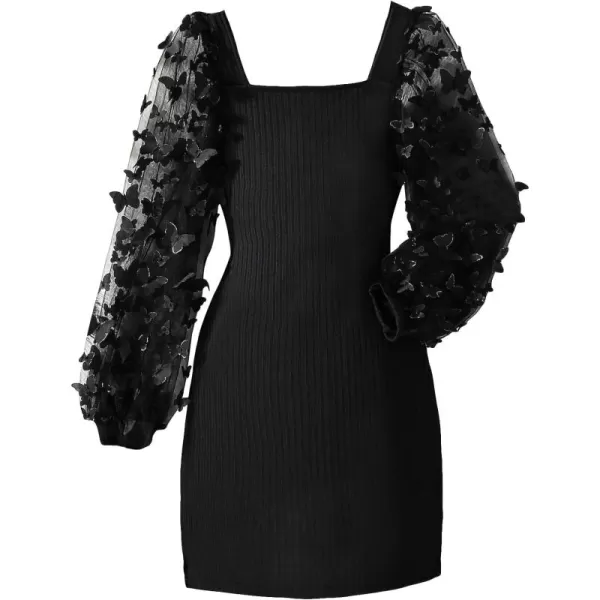 WDIRARA Girl's Sheer Mesh Flounce Long Sleeve Appliques Square Neck Dress