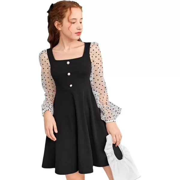 WDIRARA Girl's Sheer Mesh Flounce Long Sleeve Appliques Square Neck Dress