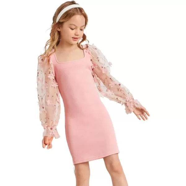 WDIRARA Girl's Sheer Mesh Flounce Long Sleeve Appliques Square Neck Dress