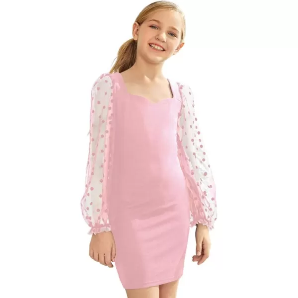 WDIRARA Girl's Sheer Mesh Flounce Long Sleeve Appliques Square Neck Dress
