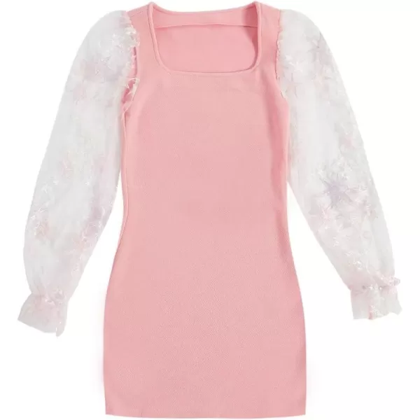 WDIRARA Girl's Sheer Mesh Flounce Long Sleeve Appliques Square Neck Dress