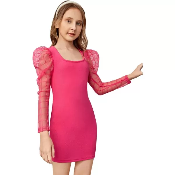 WDIRARA Girl's Sheer Mesh Puff Long Sleeve Round Neck Bodycon Mini Dress