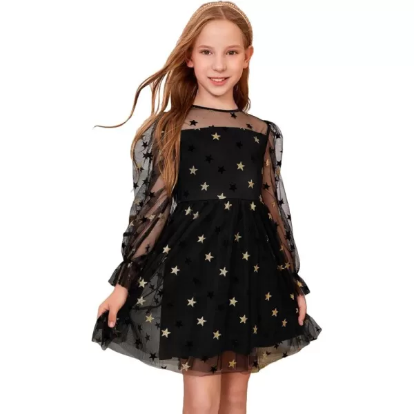 WDIRARA Girl's Sheer Mesh Puff Long Sleeve Round Neck Bodycon Mini Dress