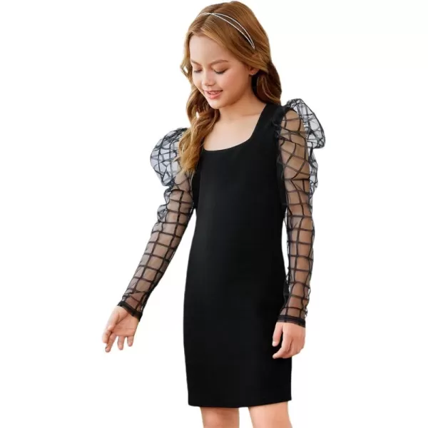 WDIRARA Girl's Sheer Mesh Puff Long Sleeve Round Neck Bodycon Mini Dress