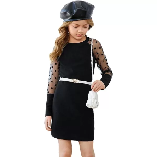 WDIRARA Girl's Sheer Mesh Puff Long Sleeve Round Neck Bodycon Mini Dress