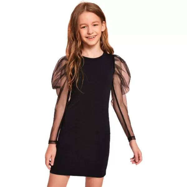 WDIRARA Girl's Sheer Mesh Puff Long Sleeve Round Neck Bodycon Mini Dress