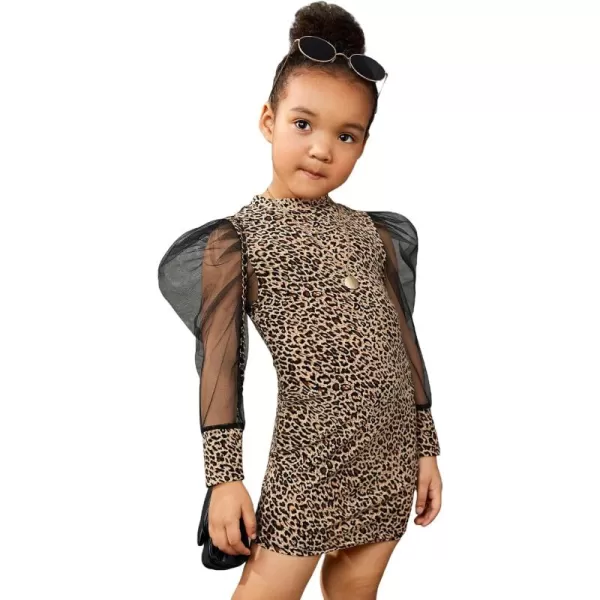 WDIRARA Girl's Sheer Mesh Puff Long Sleeve Round Neck Bodycon Mini Dress