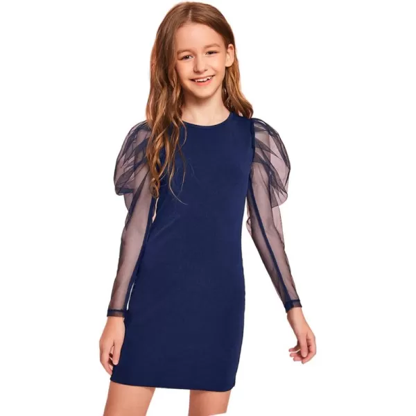 WDIRARA Girl's Sheer Mesh Puff Long Sleeve Round Neck Bodycon Mini Dress