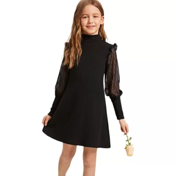 WDIRARA Girl's Sheer Mesh Puff Long Sleeve Round Neck Bodycon Mini Dress