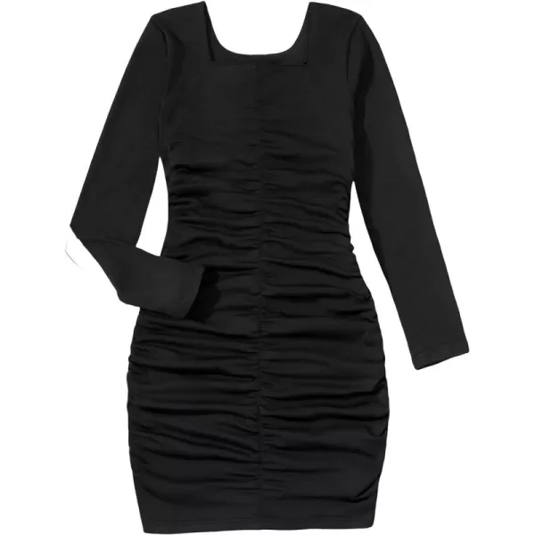 WDIRARA Girl's Square Neck Long Sleeve Ruched Bodycon Dress Casual Dresses