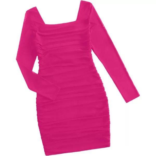 WDIRARA Girl's Square Neck Long Sleeve Ruched Bodycon Dress Casual Dresses