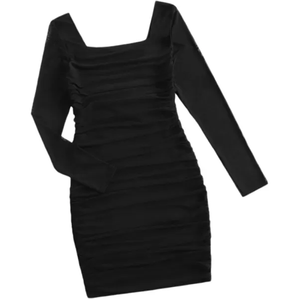 WDIRARA Girl's Square Neck Long Sleeve Ruched Bodycon Dress Casual Dresses