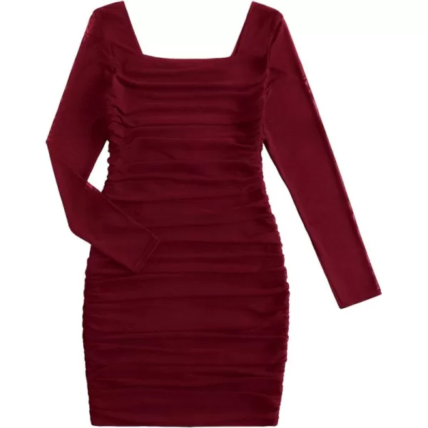 WDIRARA Girl's Square Neck Long Sleeve Ruched Bodycon Dress Casual Dresses