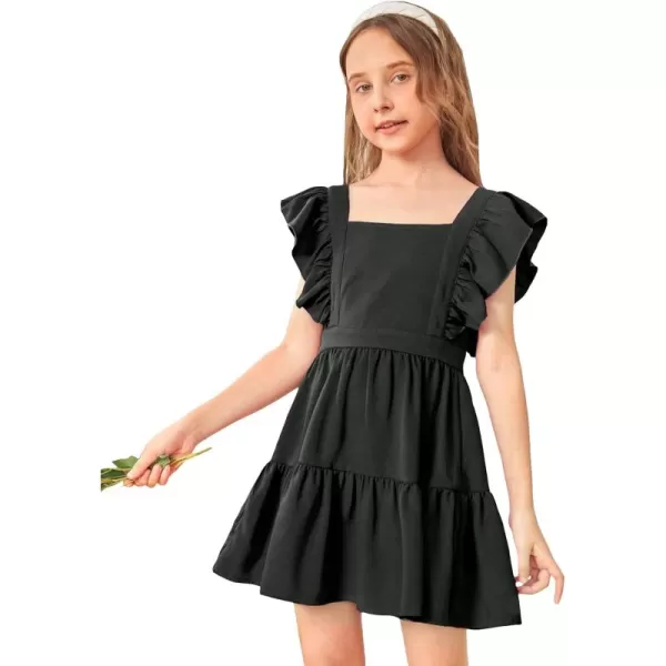 WDIRARA Girl's Square Neck Ruffle Cap Sleeve Bow Tie Back Flounce Hem A Line Dress