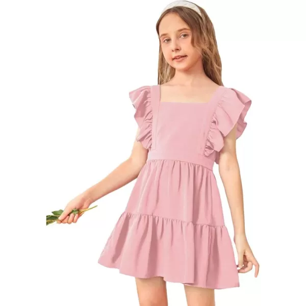 WDIRARA Girl's Square Neck Ruffle Cap Sleeve Bow Tie Back Flounce Hem A Line Dress