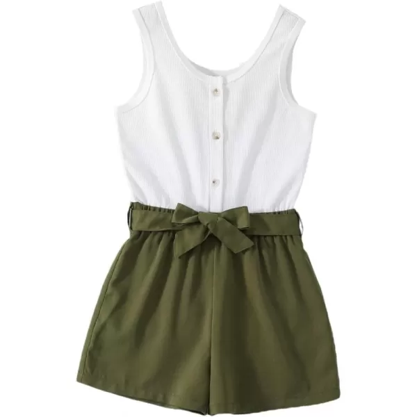 WDIRARA Girl's Two Tone Button Front Sleeveless Belted Rib Knit Romper