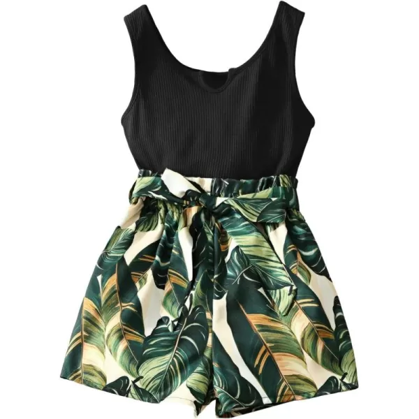 WDIRARA Girl's Two Tone Button Front Sleeveless Belted Rib Knit Romper