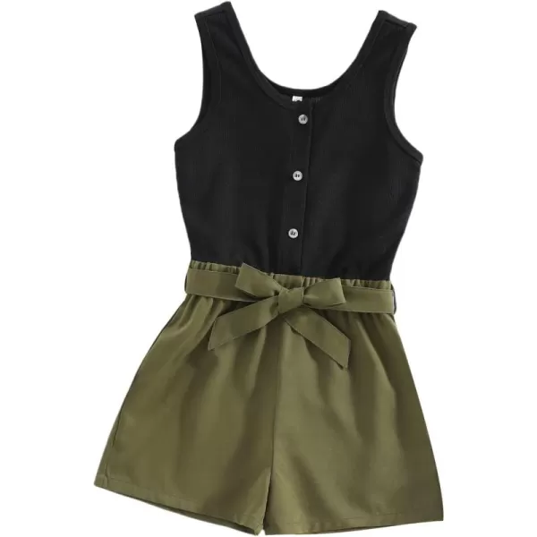 WDIRARA Girl's Two Tone Button Front Sleeveless Belted Rib Knit Romper