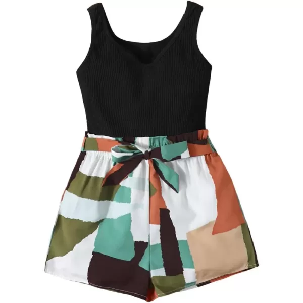 WDIRARA Girl's Two Tone Button Front Sleeveless Belted Rib Knit Romper