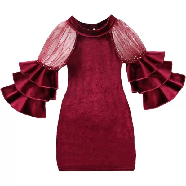 WDIRARA Girl's Velvet Mesh Layered Bell Sleeve Party Elegant 3/4 Sleeve Short Dress