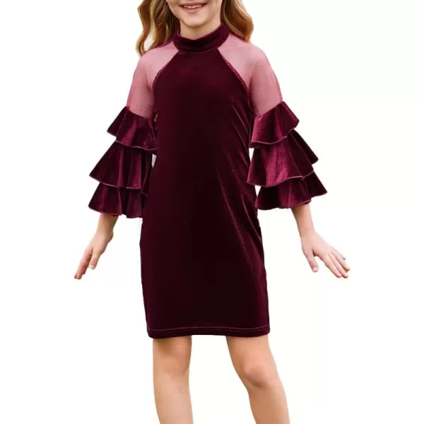 WDIRARA Girl's Velvet Mesh Layered Bell Sleeve Party Elegant 3/4 Sleeve Short Dress