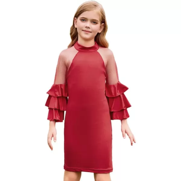 WDIRARA Girl's Velvet Mesh Layered Bell Sleeve Party Elegant 3/4 Sleeve Short Dress