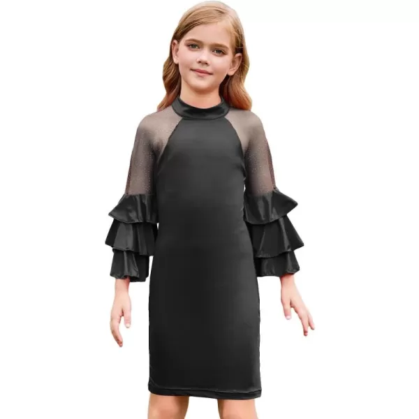WDIRARA Girl's Velvet Mesh Layered Bell Sleeve Party Elegant 3/4 Sleeve Short Dress