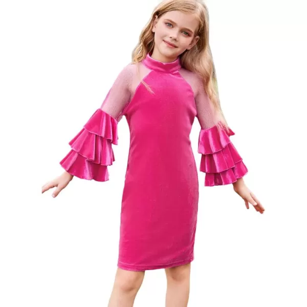 WDIRARA Girl's Velvet Mesh Layered Bell Sleeve Party Elegant 3/4 Sleeve Short Dress