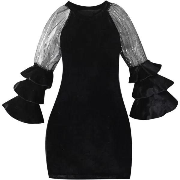 WDIRARA Girl's Velvet Mesh Layered Bell Sleeve Party Elegant 3/4 Sleeve Short Dress