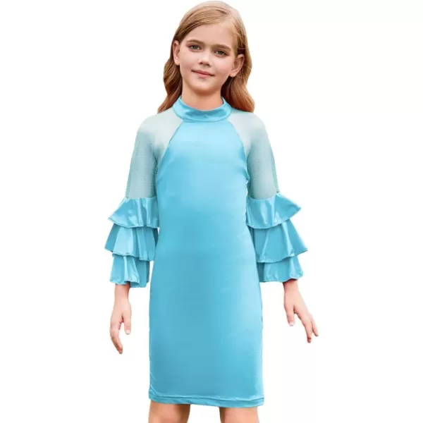 WDIRARA Girl's Velvet Mesh Layered Bell Sleeve Party Elegant 3/4 Sleeve Short Dress