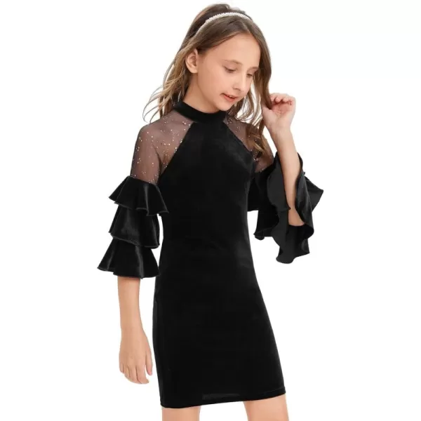 WDIRARA Girl's Velvet Mesh Layered Bell Sleeve Party Elegant 3/4 Sleeve Short Dress