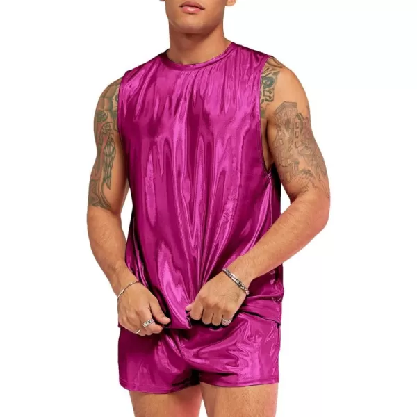 WDIRARA Men's 2 Piece Outfit Metallic Round Neck Sleeveless Tank Top and Drawstring Pocket Shorts