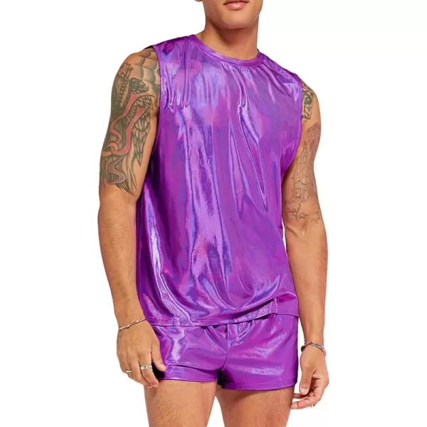 WDIRARA Men's 2 Piece Outfit Metallic Round Neck Sleeveless Tank Top and Drawstring Pocket Shorts