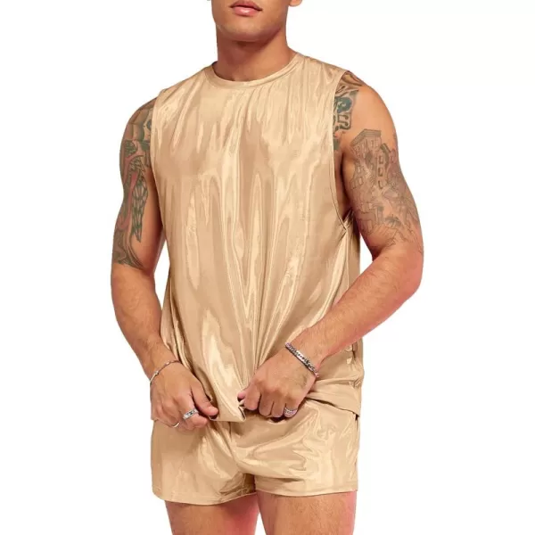WDIRARA Men's 2 Piece Outfit Metallic Round Neck Sleeveless Tank Top and Drawstring Pocket Shorts