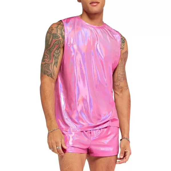 WDIRARA Men's 2 Piece Outfit Metallic Round Neck Sleeveless Tank Top and Drawstring Pocket Shorts