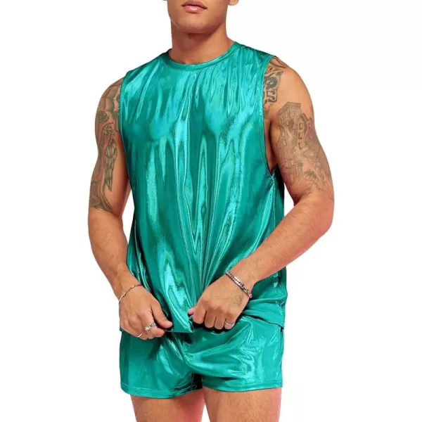 WDIRARA Men's 2 Piece Outfit Metallic Round Neck Sleeveless Tank Top and Drawstring Pocket Shorts