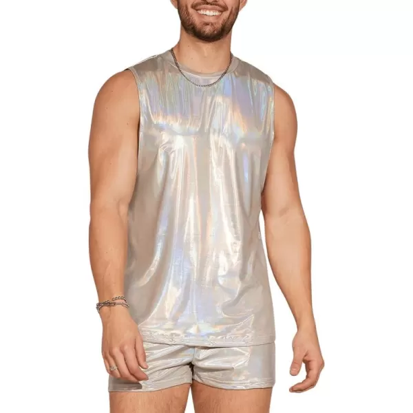 WDIRARA Men's 2 Piece Outfit Metallic Round Neck Sleeveless Tank Top and Drawstring Pocket Shorts