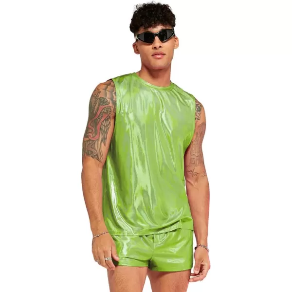 WDIRARA Men's 2 Piece Outfit Metallic Round Neck Sleeveless Tank Top and Drawstring Pocket Shorts