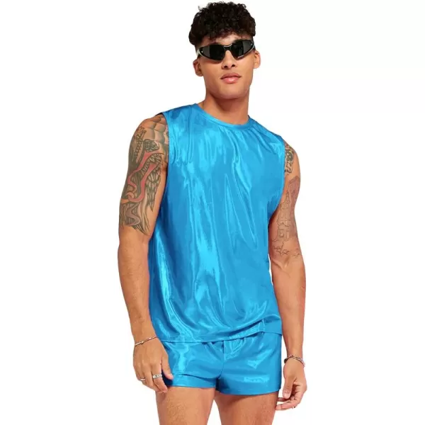 WDIRARA Men's 2 Piece Outfit Metallic Round Neck Sleeveless Tank Top and Drawstring Pocket Shorts