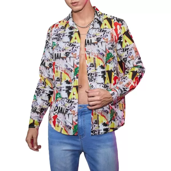 WDIRARA Men's All Over Printed Button Front Long Sleeve Casual Street Collared Blouse Shirts