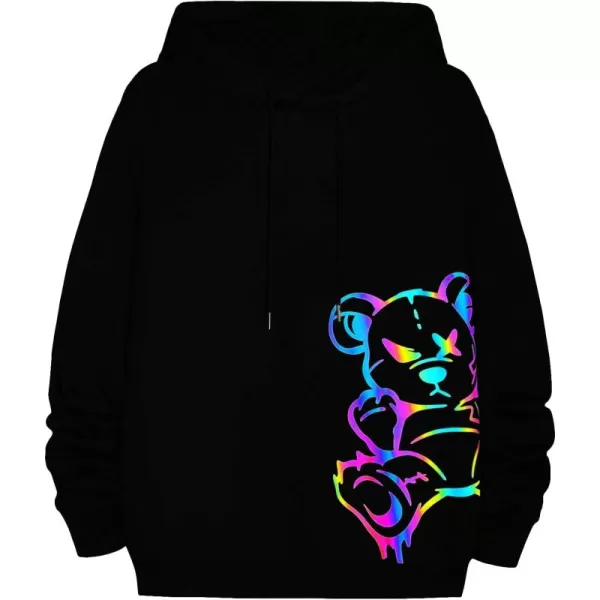 WDIRARA Men's Bear Print Drawstring Hoodie Reflective Drop Shoulder Long Sleeve Pullover Hooded Sweatshirts