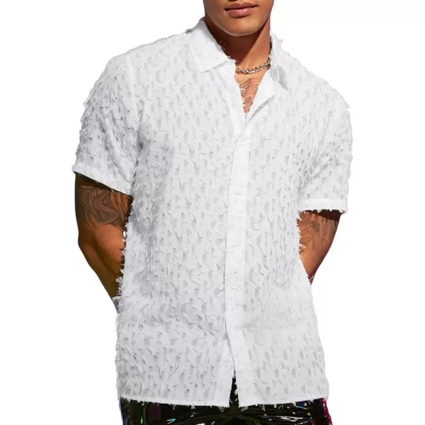 WDIRARA Men's Button Down Short Sleeve Fuzzy Trim Dressy Summer Shirt Plain Top