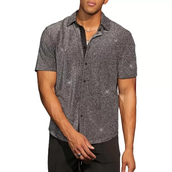 WDIRARA Men's Button Front Short Sleeve Collar Glitter Shirt Metallic Party Club Tops