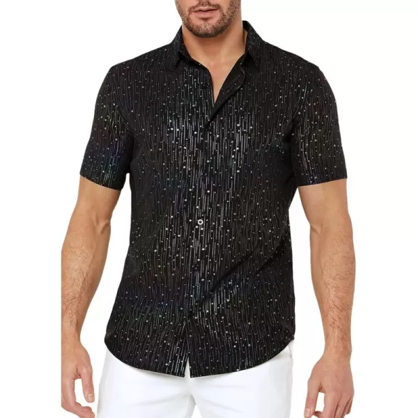 WDIRARA Men's Button Front Short Sleeve Collar Glitter Shirt Metallic Party Club Tops