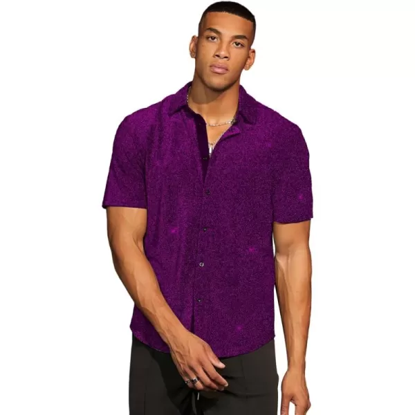 WDIRARA Men's Button Front Short Sleeve Collar Glitter Shirt Metallic Party Club Tops