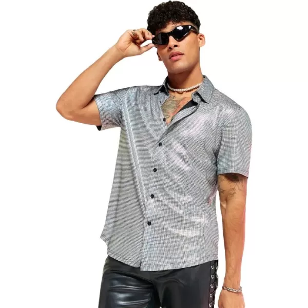 WDIRARA Men's Button Front Short Sleeve Collar Glitter Shirt Metallic Party Club Tops