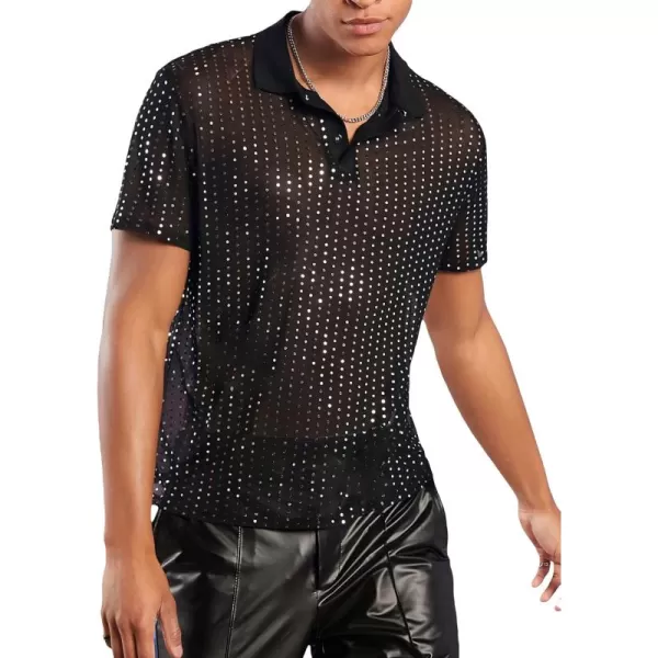 WDIRARA Men's Button Front Short Sleeve Collar Glitter Shirt Metallic Party Club Tops