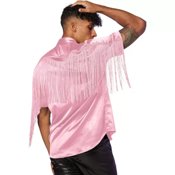 WDIRARA Men's Button Front Short Sleeve Fringe Trim Party Shirt Collar Club Tops