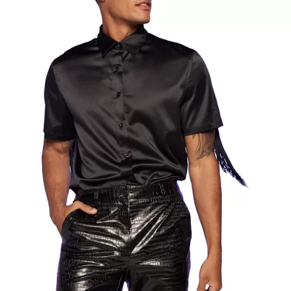 WDIRARA Men's Button Front Short Sleeve Fringe Trim Party Shirt Collar Club Tops