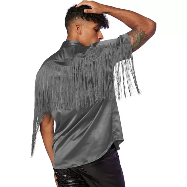 WDIRARA Men's Button Front Short Sleeve Fringe Trim Party Shirt Collar Club Tops